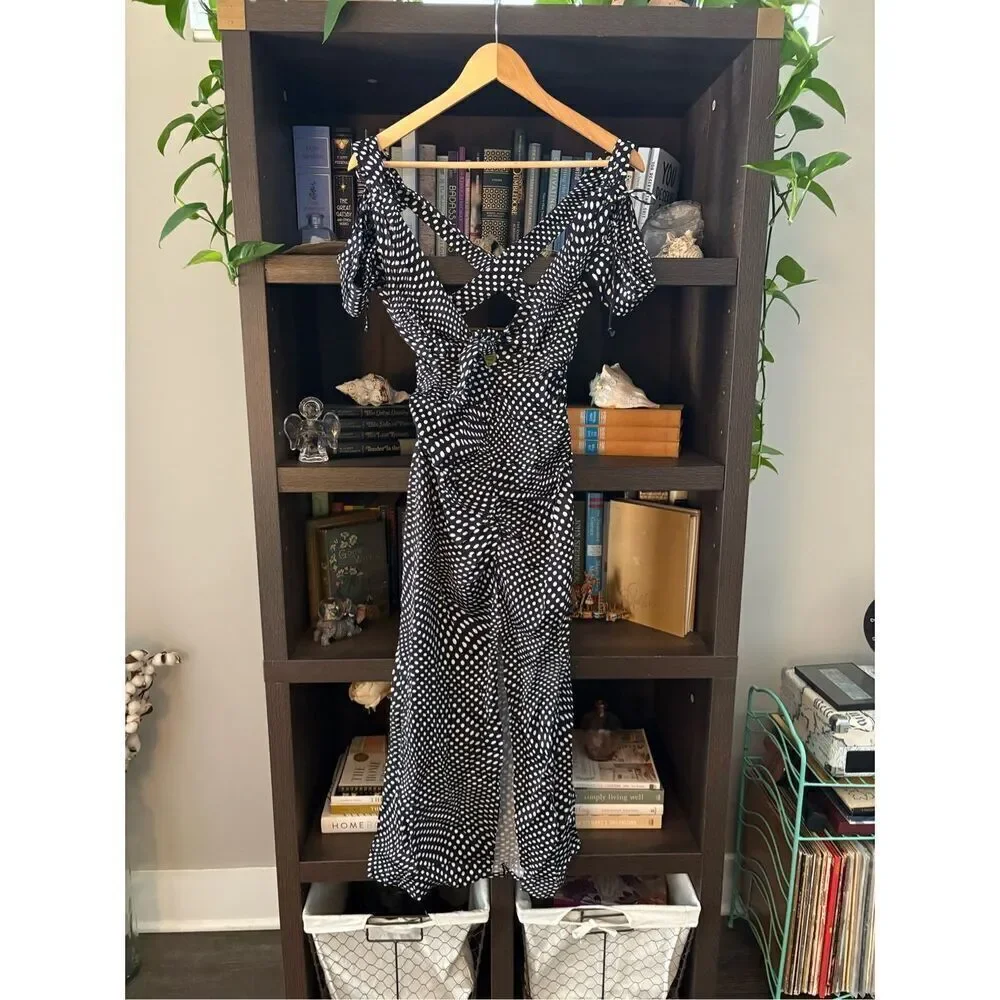 NWT For Love & Lemons Beth Black & White Polka Dot Midi Dress Size Small